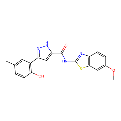 3-(2-hydroxy-5-methylphenyl)-N-(6-methoxybenzo[d]thiazol-2-yl)-1H-pyrazole-5-carboxamide structure