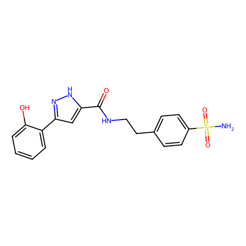 3-(2-hydroxyphenyl)-N-[2-(4-sulfamoylphenyl)ethyl]-1H-pyrazole-5-carboxamide structure