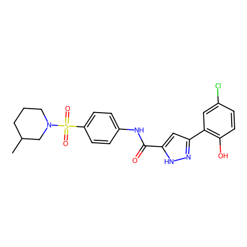 (5Z)-5-(3-chloro-6-oxocyclohexa-2,4-dien-1-ylidene)-N-[4-(3-methylpiperidin-1-yl)sulfonylphenyl]-1,2-dihydropyrazole-3-carboxamide structure