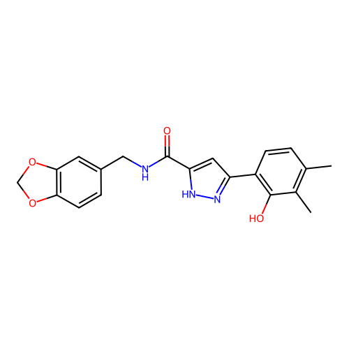 N-(1,3-benzodioxol-5-ylmethyl)-5-(2-hydroxy-3,4-dimethylphenyl)-1H-pyrazole-3-carboxamide structure