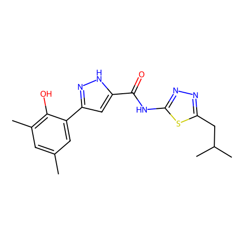 5-(2-hydroxy-3,5-dimethylphenyl)-N-[5-(2-methylpropyl)-1,3,4-thiadiazol-2-yl]-1H-pyrazole-3-carboxamide structure