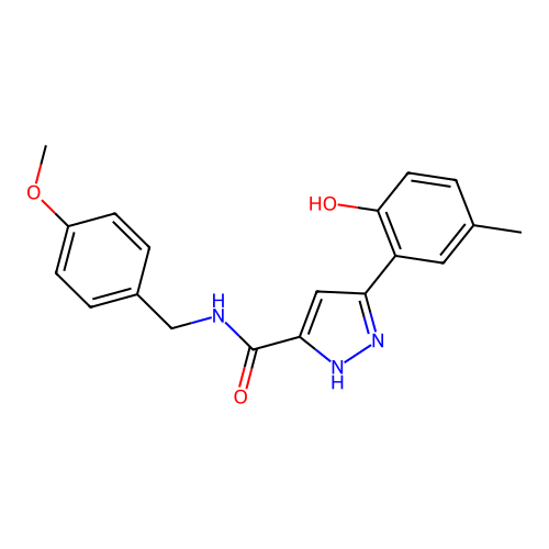 5-(2-hydroxy-5-methylphenyl)-N-(4-methoxybenzyl)-1H-pyrazole-3-carboxamide structure