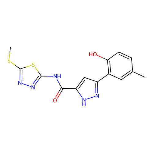 (5Z)-5-(3-methyl-6-oxocyclohexa-2,4-dien-1-ylidene)-N-(5-methylsulfanyl-1,3,4-thiadiazol-2-yl)-1,2-dihydropyrazole-3-carboxamide structure