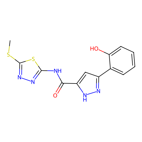 3-(2-hydroxyphenyl)-N-[5-(methylsulfanyl)-1,3,4-thiadiazol-2-yl]-1H-pyrazole-5-carboxamide structure
