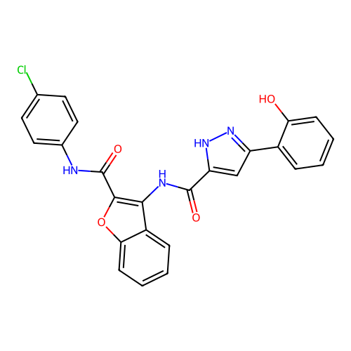 N-{2-[(4-chlorophenyl)carbamoyl]-1-benzofuran-3-yl}-3-(2-hydroxyphenyl)-1H-pyrazole-5-carboxamide structure
