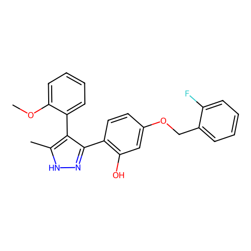 5-[(2-fluorobenzyl)oxy]-2-[4-(2-methoxyphenyl)-3-methyl-1H-pyrazol-5-yl]phenol structure
