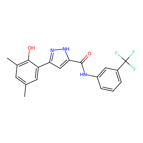 5-(2-hydroxy-3,5-dimethylphenyl)-N-[3-(trifluoromethyl)phenyl]-1H-pyrazole-3-carboxamide structure