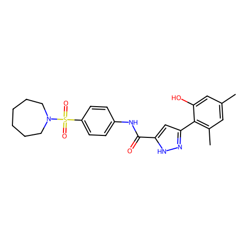 N-[4-(azepan-1-ylsulfonyl)phenyl]-3-(2-hydroxy-4,6-dimethylphenyl)-1H-pyrazole-5-carboxamide structure