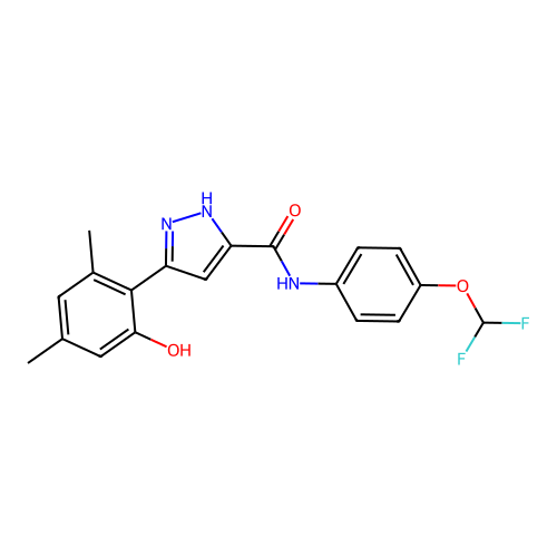 N-[4-(difluoromethoxy)phenyl]-3-(2-hydroxy-4,6-dimethylphenyl)-1H-pyrazole-5-carboxamide structure