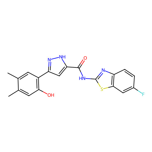 N-(6-fluoro-1,3-benzothiazol-2-yl)-3-(2-hydroxy-4,5-dimethylphenyl)-1H-pyrazole-5-carboxamide structure