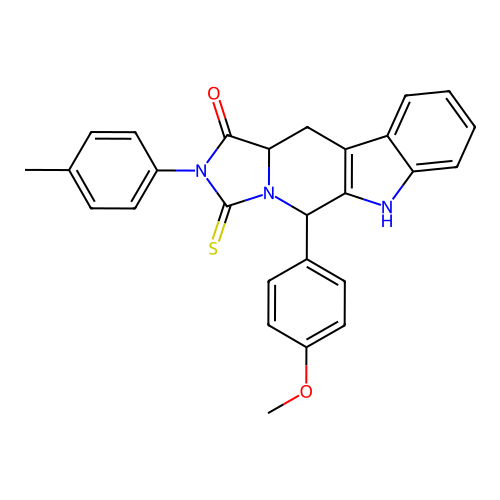5-(4-methoxyphenyl)-3-thioxo-2-(p-tolyl)-2,3,5,6,11,11a-hexahydro-1H-imidazo[1',5':1,6]pyrido[3,4-b]indol-1-one structure