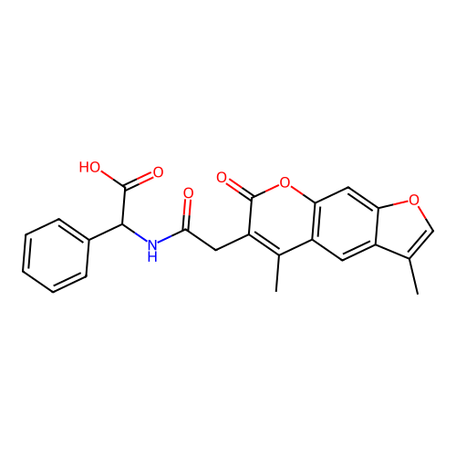 2-(2-(3,5-dimethyl-7-oxo-7H-furo[3,2-g]chromen-6-yl)acetamido)-2-phenylacetic acid structure