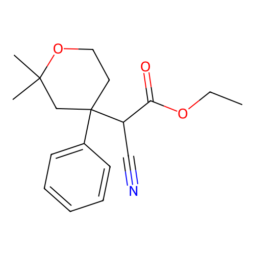 Ethyl 2-cyano-2-(2,2-dimethyl-4-phenyloxan-4-yl)acetate structure