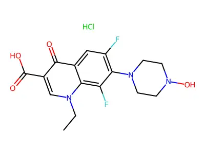 3-Quinolinecarboxylic acid, 1,4-dihydro-6,8-difluoro-1-ethyl-7-(4-hydroxy-1-piperazinyl)-4-oxo-, monohydrochloride structure