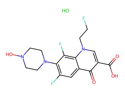 3-Quinolinecarboxylic acid, 1,4-dihydro-6,8-difluoro-1-(2-fluoroethyl)-7-(4-hydroxy-1-piperazinyl)-4-oxo-, monohydrochloride structure