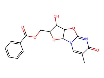 (3-Hydroxy-7-methyl-6-oxo-2,3,3a,9a-tetrahydro-6H-furo[2',3':4,5]oxazolo[3,2-a]pyrimidin-2-yl)methyl benzoate structure