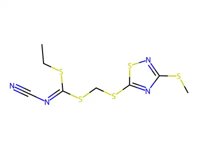 ethyl ([3-(methylthio)-1,2,4-thiadiazol-5-ylthio]methyl) cyanocarbonimidodithioate structure