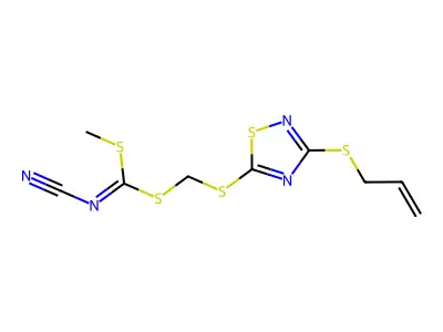 [methylsulfanyl-[(3-prop-2-enylsulfanyl-1,2,4-thiadiazol-5-yl)sulfanylmethylsulfanyl]methylidene]cyanamide structure