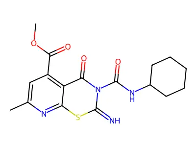 2H-Pyrido(3,2-e)(1,3)thiazine-5-carboxylic acid, 3,4-dihydro-3-(cyclohexylcarbamoyl)-2-imino-7-methyl-4-oxo-, methyl ester structure