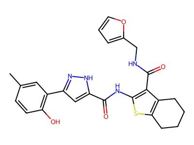 N-{3-[(furan-2-ylmethyl)carbamoyl]-4,5,6,7-tetrahydro-1-benzothiophen-2-yl}-5-(2-hydroxy-5-methylphenyl)-1H-pyrazole-3-carboxamide structure