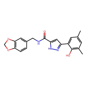 N-(1,3-benzodioxol-5-ylmethyl)-3-(2-hydroxy-3,5-dimethylphenyl)-1H-pyrazole-5-carboxamide structure