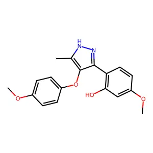 5-methoxy-2-(4-(4-methoxyphenoxy)-5-methyl-1H-pyrazol-3-yl)phenol structure