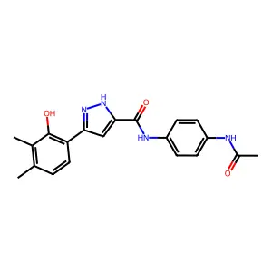 (5E)-N-(4-acetamidophenyl)-5-(4,5-dimethyl-6-oxocyclohexa-2,4-dien-1-ylidene)-1,2-dihydropyrazole-3-carboxamide structure