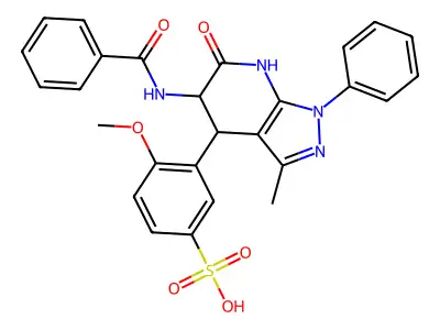 3-[5-(Benzoylamino)-4,5,6,7-tetrahydro-3-methyl-6-oxo-1-phenyl-1H-pyrazolo[3,4-b]pyridin-4-yl]-4-methoxybenzenesulfonic acid structure