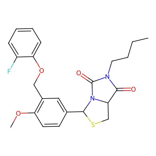 6-butyl-3-(3-((2-fluorophenoxy)methyl)-4-methoxyphenyl)dihydroimidazo[1,5-c]thiazole-5,7(3H,6H)-dione structure