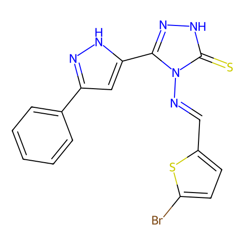 4-{[1-(5-Bromo-thiophen-2-yl)-meth-(E)-ylidene]-amino}-5-(5-phenyl-2H-pyrazol-3-yl)-4H-[1,2,4]triazole- 3-thiol structure