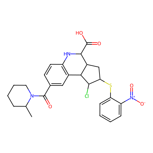 1-chloro-8-((S)-2-methylpiperidine-1-carbonyl)-2-((2-nitrophenyl)thio)-2,3,3a,4,5,9b-hexahydro-1H-cyclopenta[c]quinoline-4-carboxylic acid structure