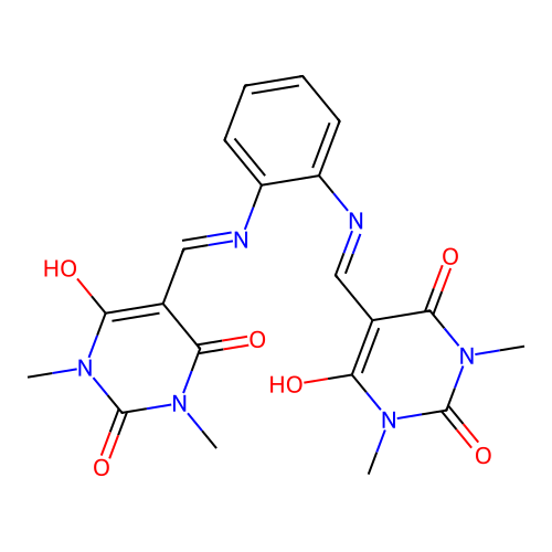 5,5'-((1,2-phenylenebis(azanediyl))bis(methanylylidene))bis(1,3-dimethylpyrimidine-2,4,6(1H,3H,5H)-trione) structure