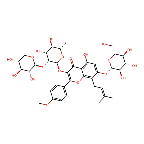 3-[(2S,3R,4R,5R,6S)-4,5-二羟基-6-甲基-3-[(2S,3R,4S,5R)-3,4,5-三羟基噁烷-2-基]氧代氧杂-2-基]氧代-5-羟基-2-(4-甲氧基苯基)-8-(3-甲基丁-2-烯基)-7-[(2S,3R,4S,5S,6R)-3,4,5-三羟基-6-(羟基甲基)噁烷-2-基]氧代色烯-4-酮 structure