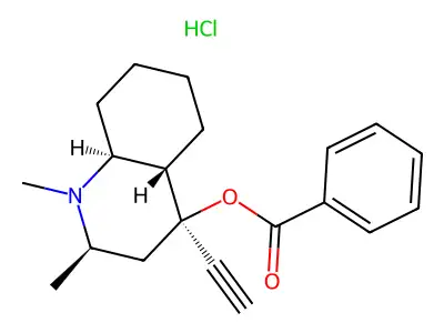 4-Quinolinol, decahydro-1,2-dimethyl-4-ethynyl-, benzoate (ester), hydrochloride, (2-alpha,4-alpha,4a-alpha,8a-beta)- structure