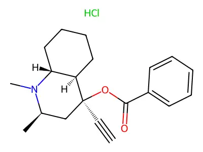 4-Quinolinol, 4-ethynyldecahydro-1,2-dimethyl-, benzoate (ester), hydrochloride, (2-alpha,4-alpha,4a-beta,8a-alpha)- structure
