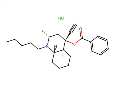 4-Quinolinol, decahydro-4-ethynyl-2-methyl-1-pentyl-, benzoate (ester), hydrochloride, (2-alpha,4-alpha,4a-alpha,8a-beta)- structure