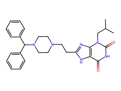 1H-Purine-2,6-dione, 3,7-dihydro-8-(2-(4-(diphenylmethyl)-1-piperazinyl)ethyl)-3-(2-methylpropyl)- structure
