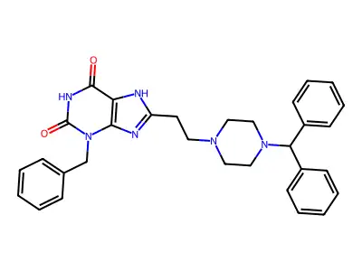 1H-Purine-2,6-dione, 3,7-dihydro-8-(2-(4-(diphenylmethyl)-1-piperazinyl)ethyl)-3-(phenylmethyl)- structure
