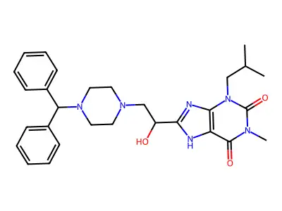 1H-Purine-2,6-dione, 3,7-dihydro-8-(2-(4-(diphenylmethyl)-1-piperazinyl)-1-hydroxyethyl)-1-methyl-3-(2-methylpropyl)- structure