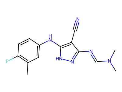 N'-[4-cyano-3-(4-fluoro-3-methylanilino)-1H-pyrazol-5-yl]-N,N-dimethyliminoformamide structure
