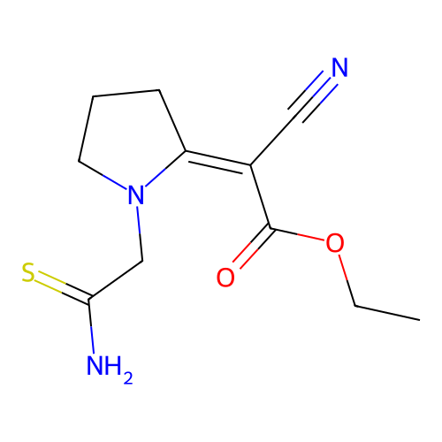 (Z)-ethyl 2-(1-(2-amino-2-thioxoethyl)pyrrolidin-2-ylidene)-2-cyanoacetate structure