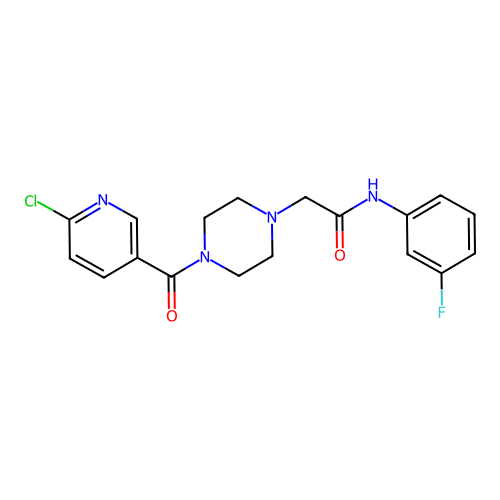 2-[4-(6-chloropyridine-3-carbonyl)piperazin-1-yl]-N-(3-fluorophenyl)acetamide structure