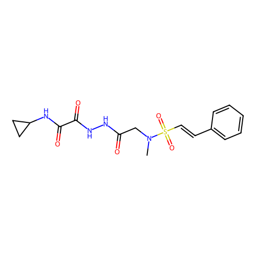 N-cyclopropyl-2-[2-(N-methyl-2-phenylethenesulfonamido)acetohydrazido]-2-oxoacetamide structure