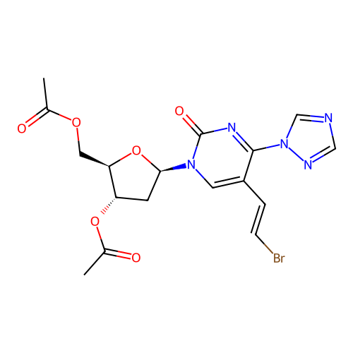 1-(3,5-Di-O-acetyl-2-deoxy-beta-D-erythro-pentofuranosyl)-(E)-5-(2-bromovinyl)-4-(1,2,4-triazol-1-yl)pyrimidin-2(1H)-one structure