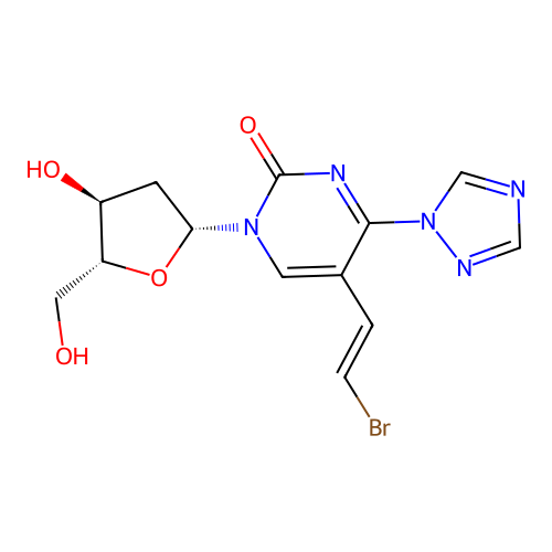 (E)-5-(2-Bromovinyl)-1-(2-deoxy-beta-D-erythro-pentofuranosyl)-4-(1,2,4-triazol-1-yl)pyrimidine-2(1H)-one structure