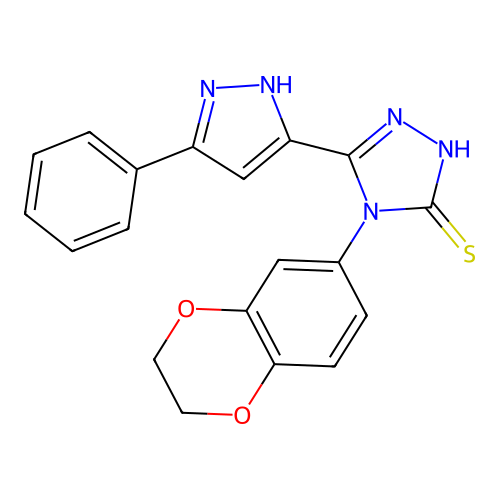4-(2,3-dihydro-1,4-benzodioxin-6-yl)-5-(3-phenyl-1H-pyrazol-5-yl)-4H-1,2,4-triazole-3-thiol structure
