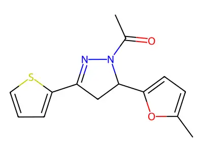 1-(5-(5-methylfuran-2-yl)-3-(thiophen-2-yl)-4,5-dihydro-1H-pyrazol-1-yl)ethanone structure