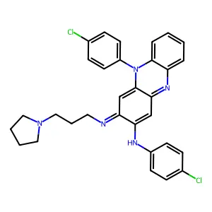 N,5-bis(4-chlorophenyl)-3-(3-pyrrolidin-1-ylpropylimino)phenazin-2-amine structure