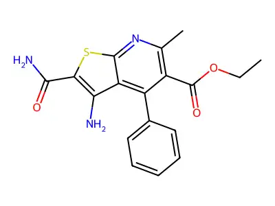 Ethyl 3-amino-2-carbamoyl-6-methyl-4-phenylthieno[2,3-b]pyridine-5-carboxylate structure