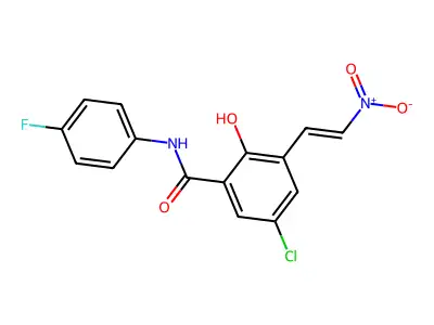5-chloro-N-(4-fluorophenyl)-2-hydroxy-3-(2-nitroethenyl)benzamide structure